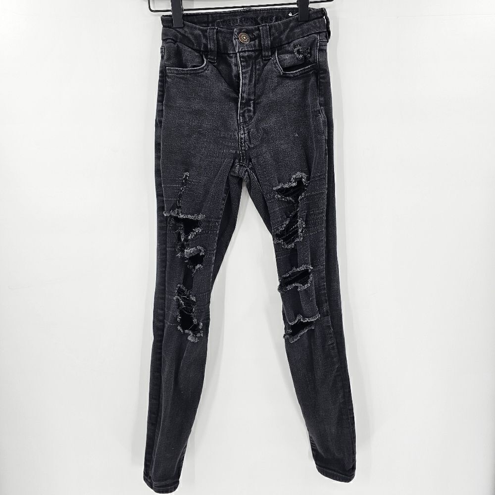 American Eagle curvy hi rise jegging jeans distressed black 00 short